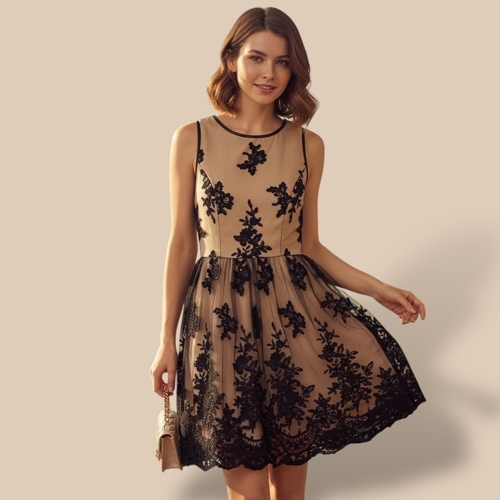 Windsor Nude and Black Floral Lace Mini Dress